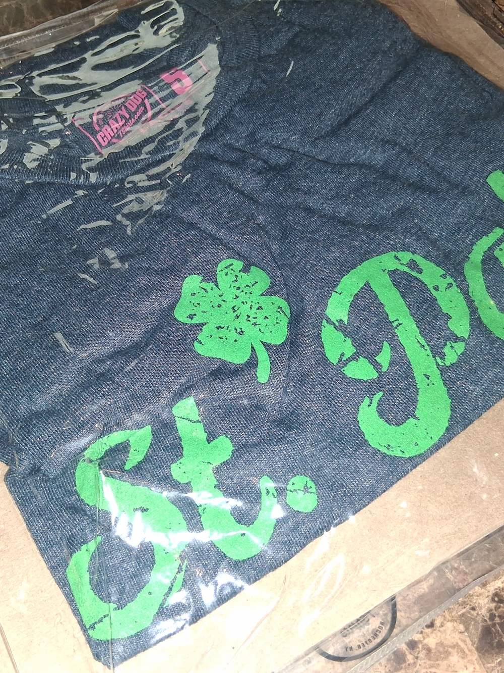 Gray-Blue Graphic Tee with Green Shamrock Print
